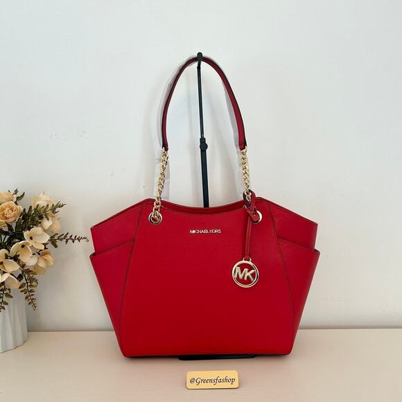 Michael Kors Purse & wallet jet set travel large chain tote shoulder bag red MK - Picture 2 of 11